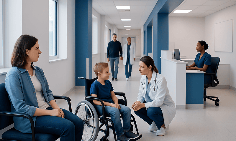 Child in wheelchair with doctor and family in hospital corridor.