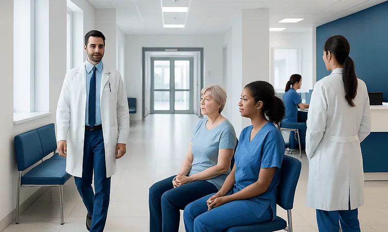 Medical consultation in a hospital with doctors and patients in a modern setting.