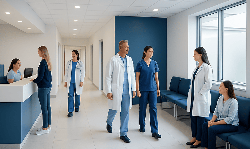 Medical team in hospital corridor preparing for patient consultation.