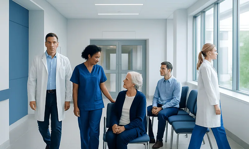 Medical team consulting with elderly patient in hospital corridor.