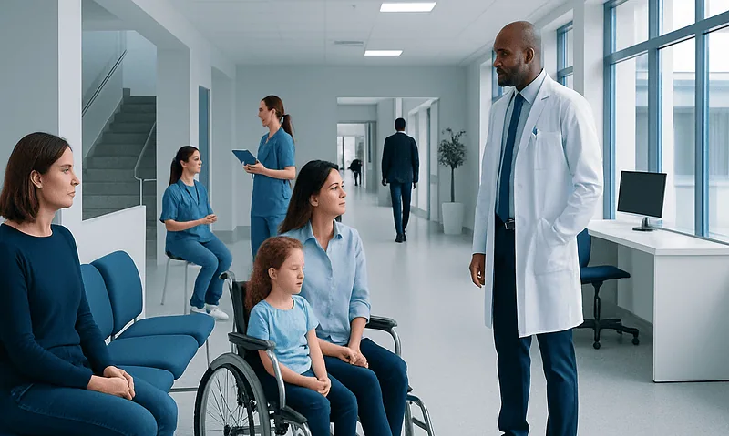 Medical team consulting with a young girl in a wheelchair at a hospital.