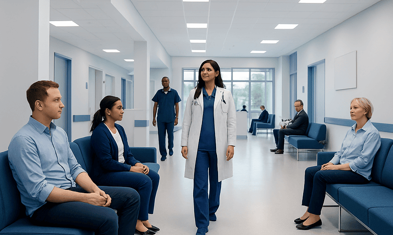 Medical professionals and patients in a hospital waiting area.