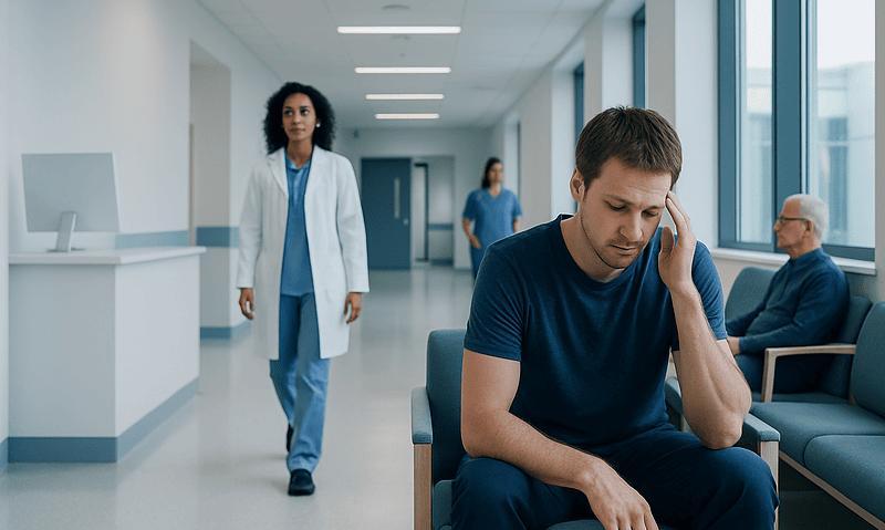 Patient experiencing discomfort in a hospital waiting area.