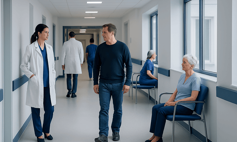 Lip Infection Bacterial: Diagnosis, Outlook, and Modern Treatment Approaches 7 Hospital corridor with doctors and elderly patients in a modern healthcare facility.