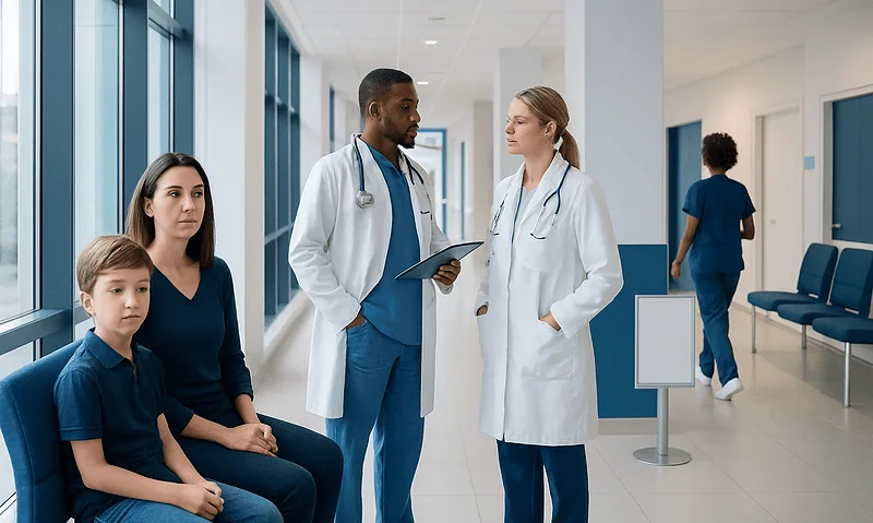 Goldenhar Syndrome: Symptoms, Causes, and Treatment Options 3 Medical team discussing patient care in hospital corridor.