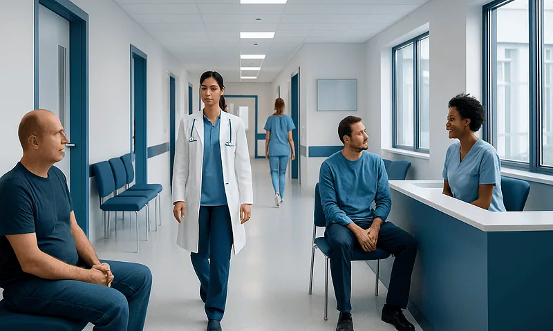 Patients waiting in a hospital corridor with medical staff present.