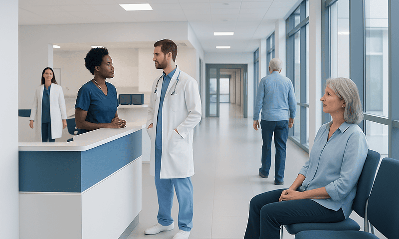 Medical team consulting in hospital corridor with patient waiting area.