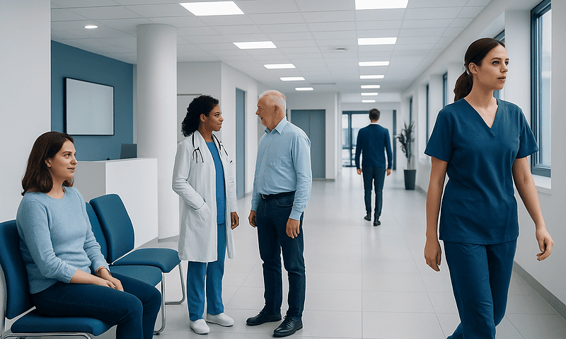 Healthcare professionals and patients in a modern hospital corridor.