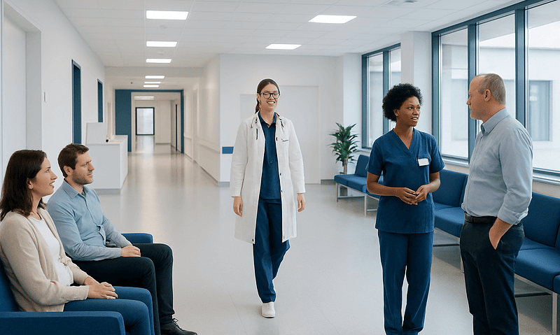 Medical professionals and patients in a hospital corridor.