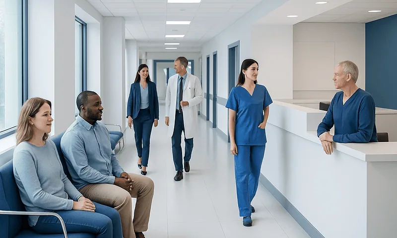 Hospital waiting area with medical staff and patients.