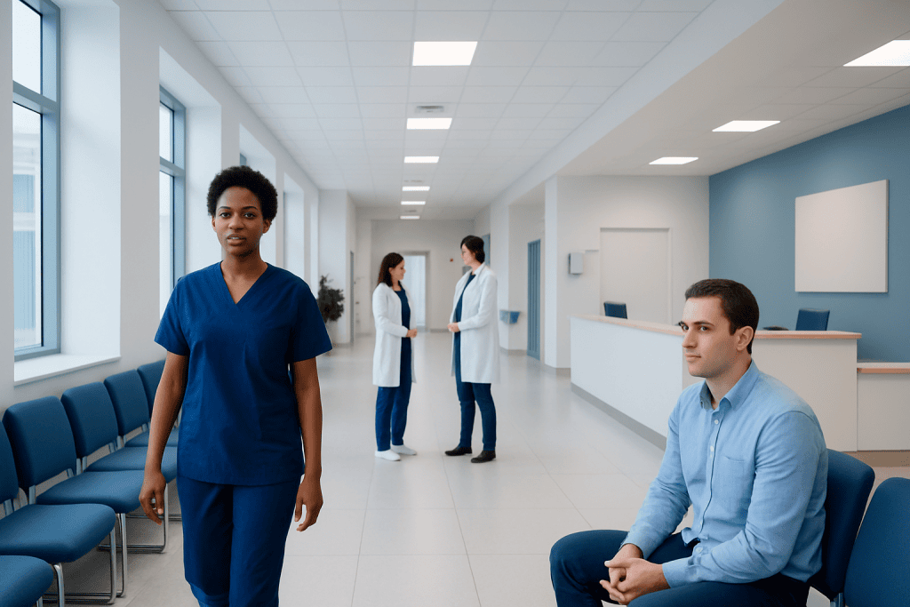 Pimple Inside Buttocks: A Complete Medical Overview 1 Healthcare professionals and patient in a modern hospital corridor.