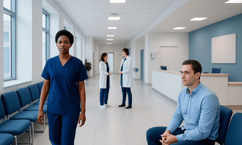 Healthcare professionals and patient in a modern hospital corridor.
