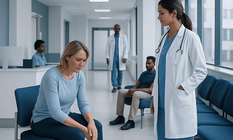Doctor consulting with a patient in a hospital corridor.