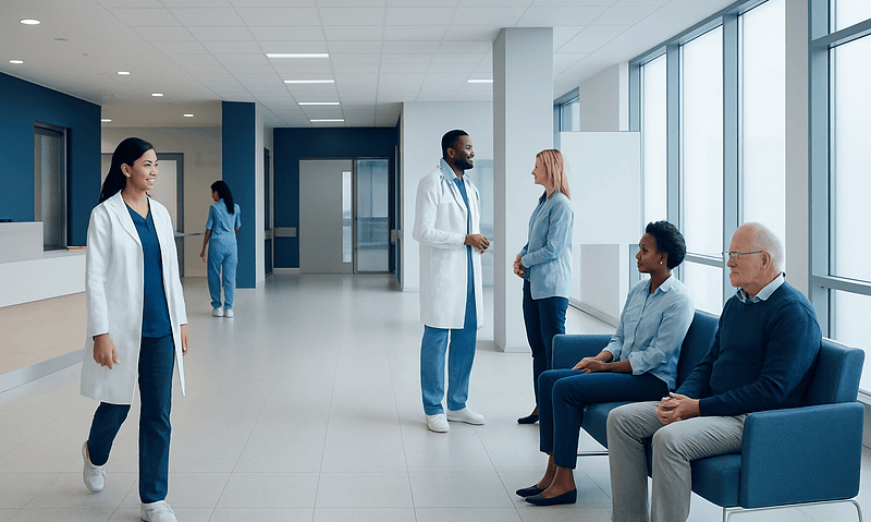 Hospital waiting area with medical staff and patients.