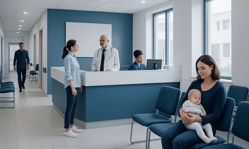 Hospital reception area with medical staff and waiting patients.