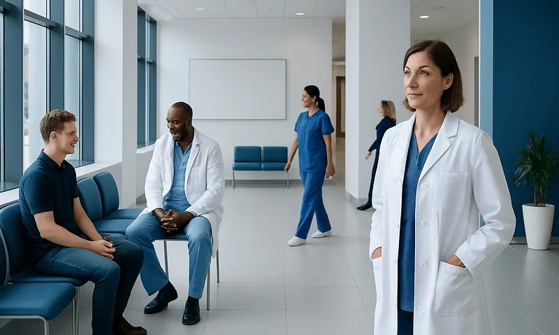 Medical consultation in a modern hospital waiting area with healthcare professionals and patients.