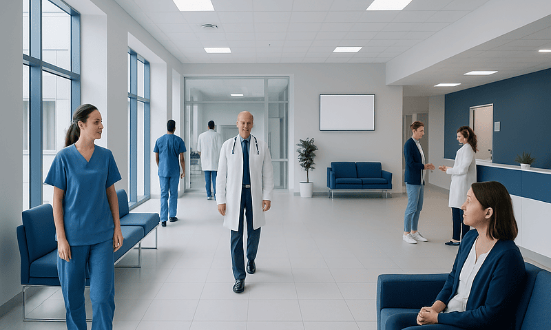 Modern hospital waiting area with medical staff and patients.
