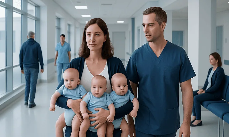 Mother with triplets and healthcare professional in hospital corridor.