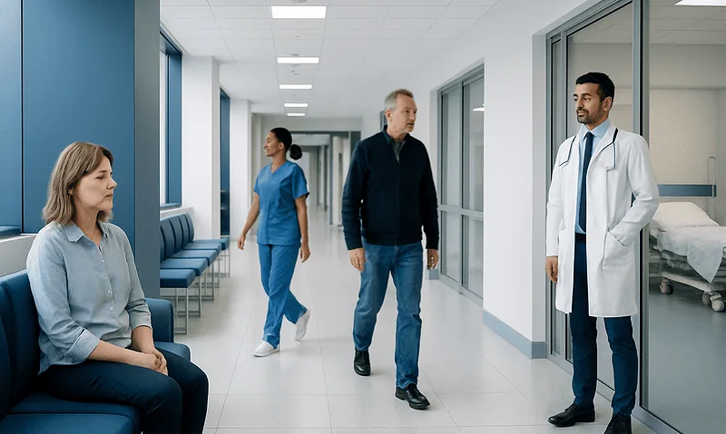 Hospital corridor with patients and medical staff in conversation.