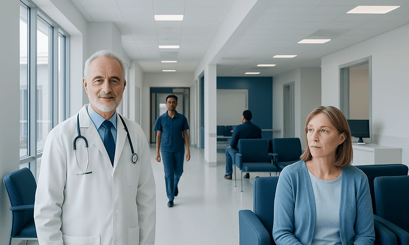 Experienced doctor consulting with a patient in a modern hospital corridor.