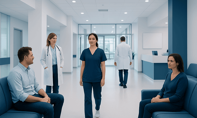 Hospital waiting area with medical staff and patients.