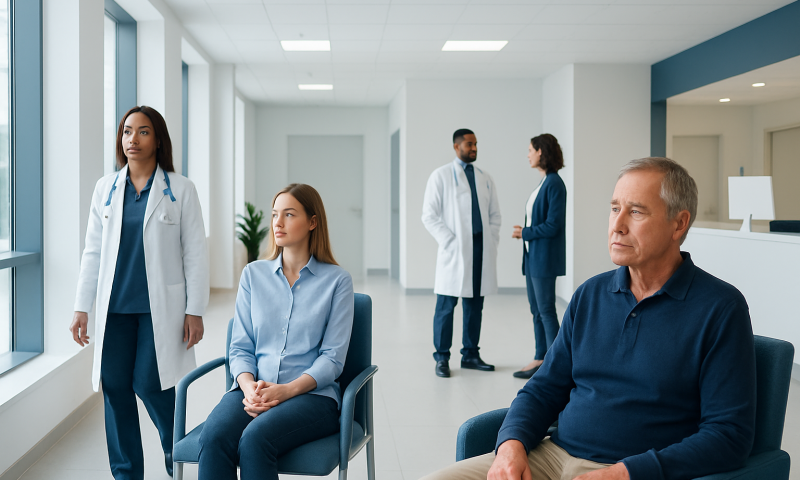 Early Onset Dementia: What Patients Need to Know 6 Patients waiting in a hospital corridor with medical staff nearby.