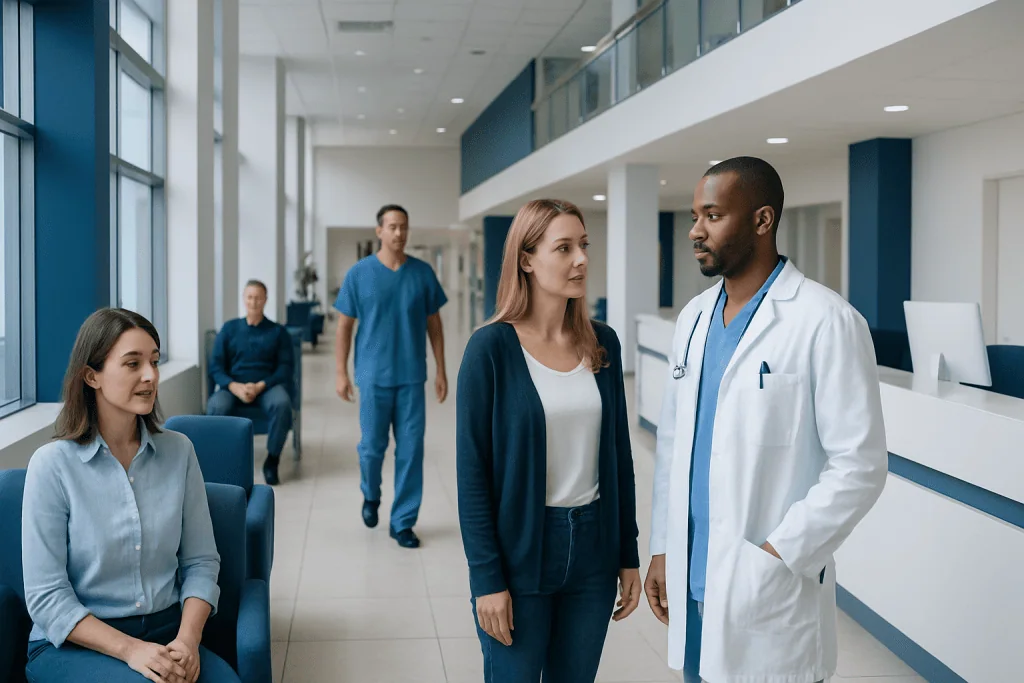 Tapentadol: An Evidence-Based Guide for Patients 1 Medical consultation in a modern hospital lobby with diverse healthcare professionals.
