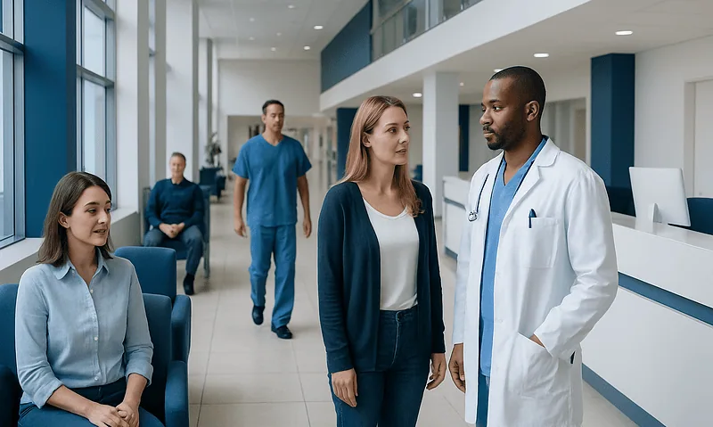Tapentadol: An Evidence-Based Guide for Patients 4 Medical consultation in a modern hospital lobby with diverse healthcare professionals.
