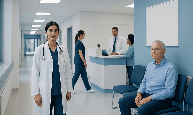Healthcare professionals and patient in a modern hospital corridor.
