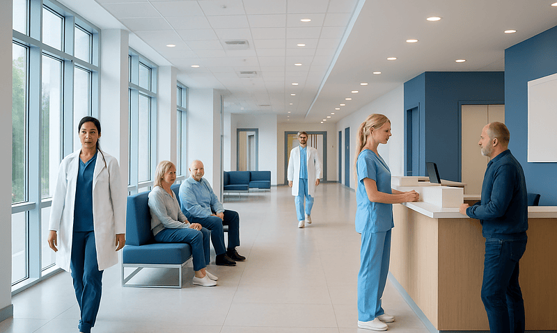 Hospital reception area with medical staff and patients.