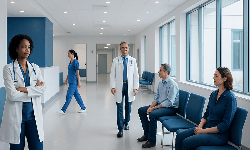 Medical team in hospital corridor with patients and staff.