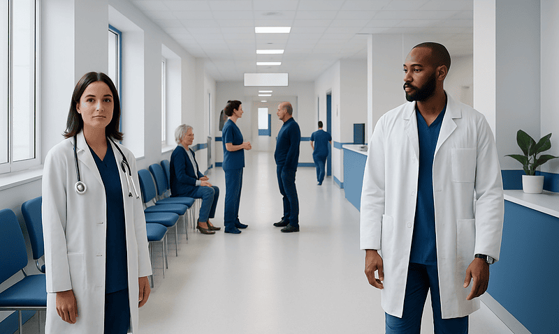 Medical professionals and patients in a hospital corridor.