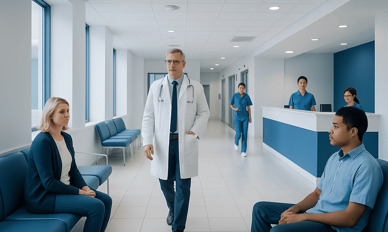 Medical consultation in a modern hospital corridor with doctor and patients.