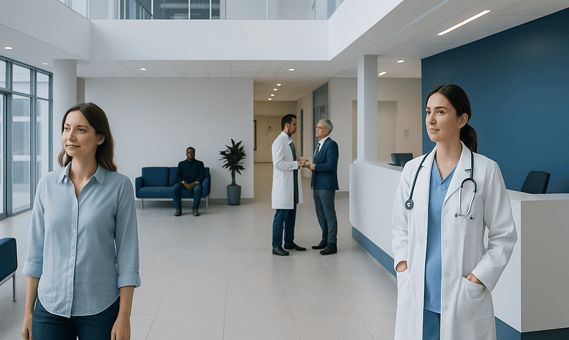 Modern hospital lobby with healthcare professionals and patients.