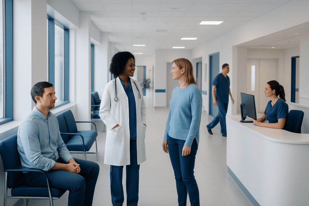 Red Man Syndrome: Diagnosis, Outlook, and Modern Treatment Approaches 1 Healthcare professionals consulting with a patient in a hospital corridor.