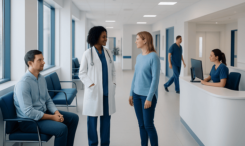 Healthcare professionals consulting with a patient in a hospital corridor.