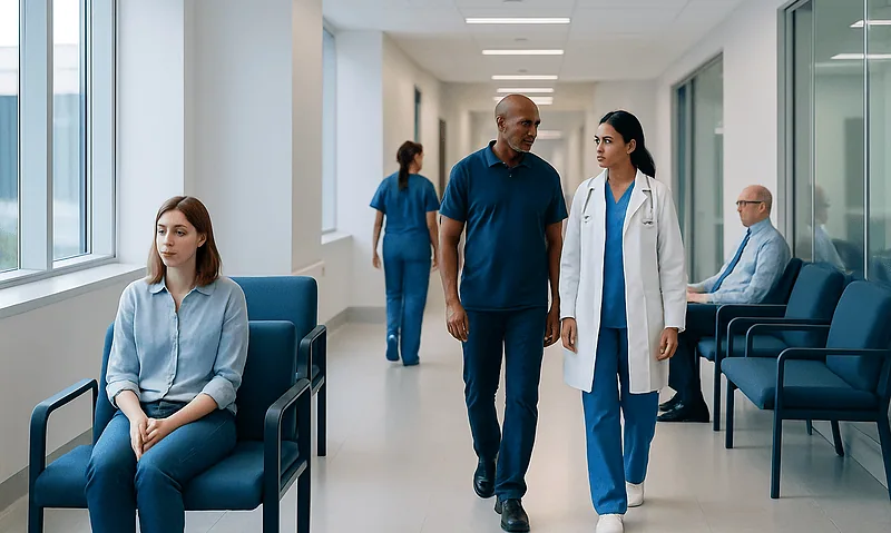 Medical professionals and patient in a hospital corridor at Acibadem Hospitals Group.