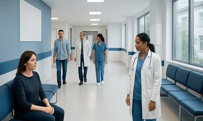 Medical consultation in hospital corridor with healthcare professionals and patient.