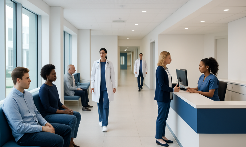 Hospital waiting area with patients and medical staff in a modern healthcare facility.