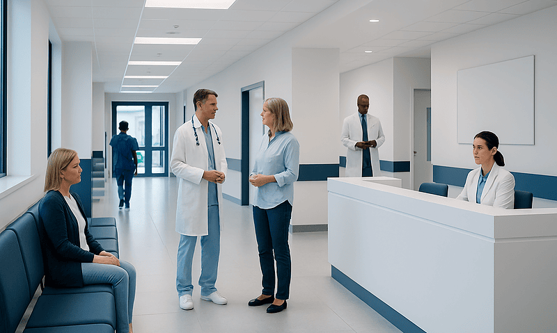 Medical professionals and patients in a modern hospital corridor.