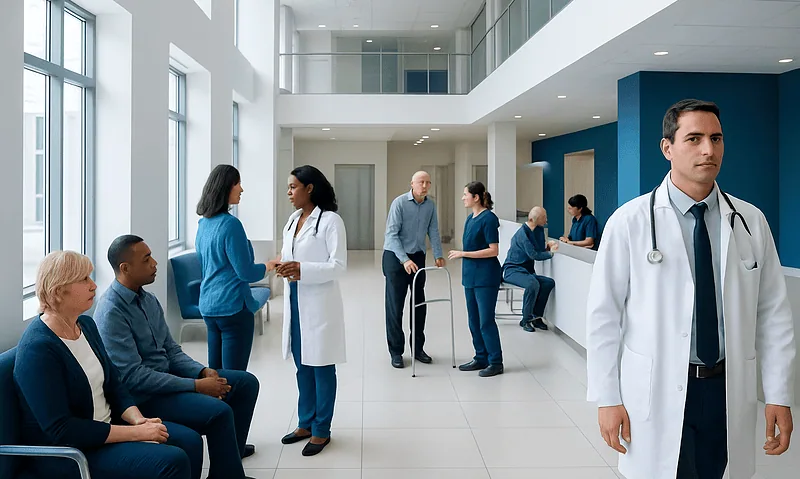 Healthcare professionals and patients in a modern hospital lobby.