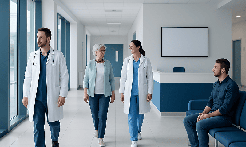 Medical staff and patient in hospital corridor at Acibadem Hospitals Group.