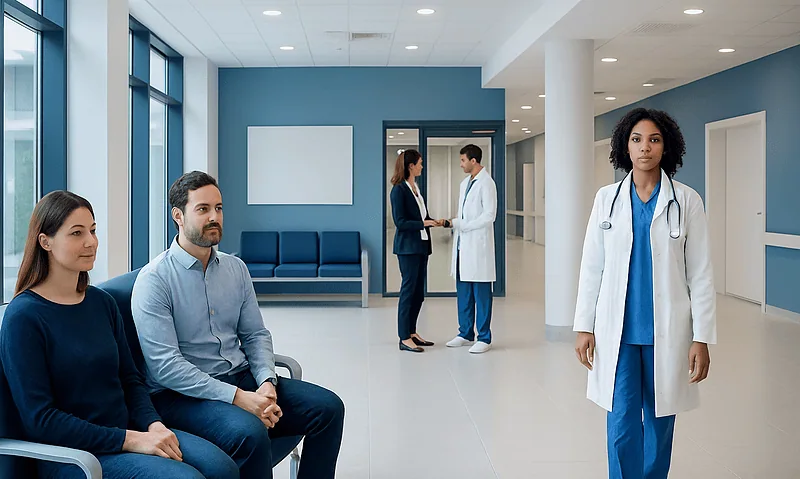Medical professionals and patients in a hospital waiting area.