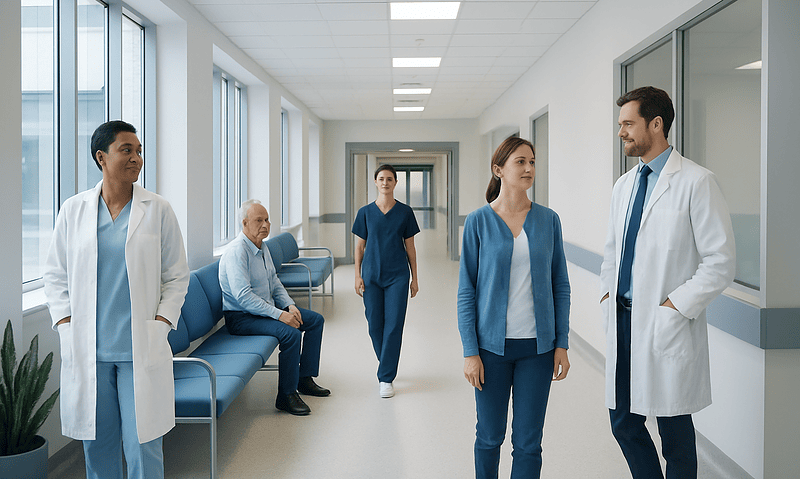 Medical team in hospital corridor engaging in discussion.