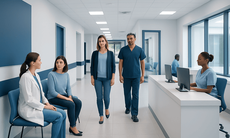 Medical team consulting in hospital corridor at Acibadem Hospitals Group.