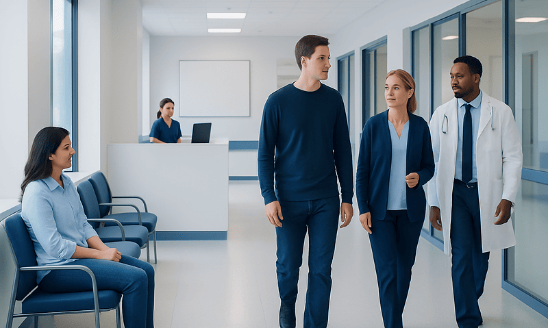 Medical professionals and patient in hospital corridor at Acibadem Hospitals Group.