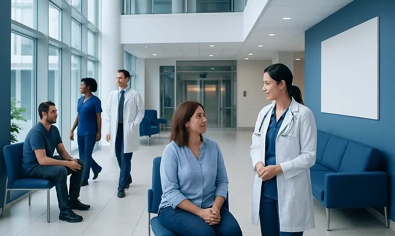 Healthcare professionals and patients in a modern hospital lobby.