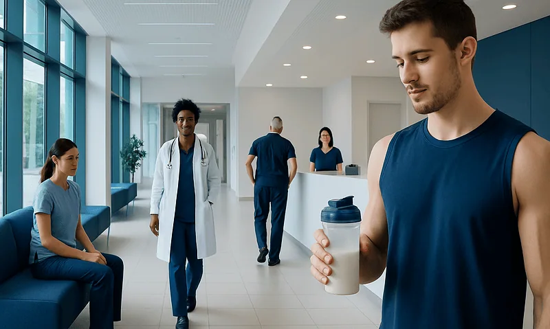 Young man holding protein shake in hospital corridor with medical staff.