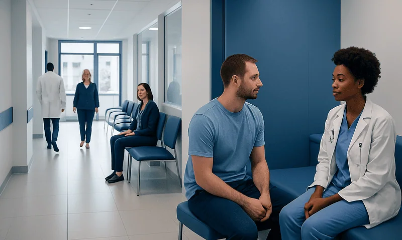 Patients and medical staff in a modern hospital corridor.