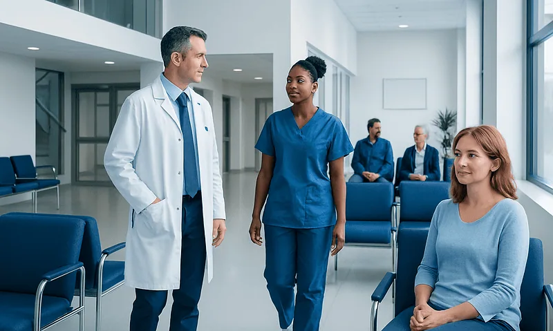 Medical consultation in a modern hospital with doctor and patients.